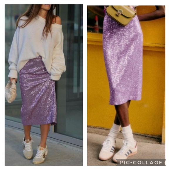 Sezane Purple Magalia Sequin midi Skirt Size 42 - US 10 - Picture 1 of 12